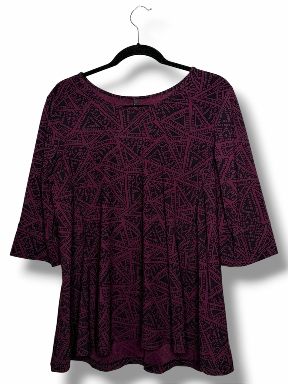 Porto San Francisco Plum & Black Geometric Print Top 3/4 Sleeve Lagenlook Size 6